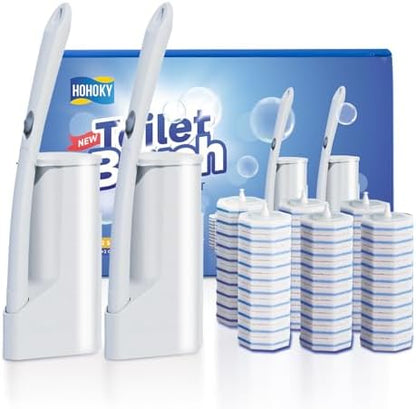 Hohoky Disposable Toilet Brush Cleaning System, Two Sets of Wands and 60p Refills Pads Replacement Heads, Wall Mounted Toliet Stick Starter Kit Bathroom Maintenance, Toilet Bowl Cleaner Holder