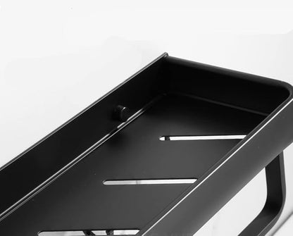 Modern Double Layer Bathroom Storage Shelves and One Towel Bar and 5 Moveable Hooks, Wall Mounted Black Aluminum Towel Holders Towel Rack, Bath/Kitchen Storage Shelf (Black-15.7Inches)