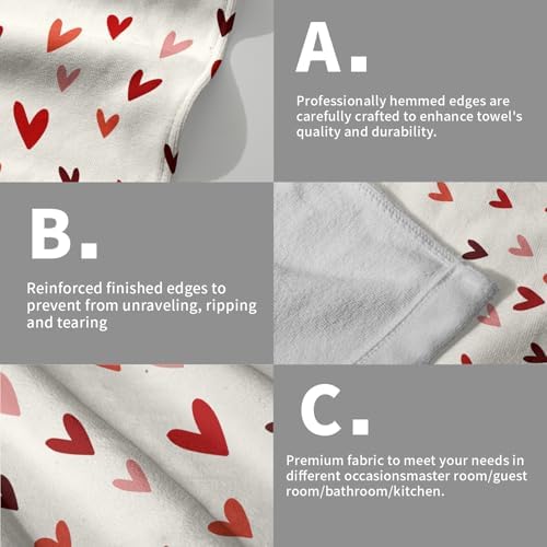 Valentines Day Hand Towels Set of 2, 14x28 Inch Love Heart Red White Bathroom Towel Soft Absorbent Microfiber Dish Towels for Kitchen Hotel Wedding Anniversary Home Decor