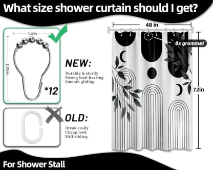 Mid Century Modern White and Black Shower Curtain Bohemian MCM Black and White Shower Curtains for Mens Bathroom Decor, Boho Minimalist Pattern, Waterproof Cloth Fabric with Hooks 48x72 in