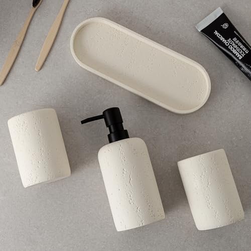 Bathroom Accessories Set,4 PCS Travertine Stone Look Collection,Cream