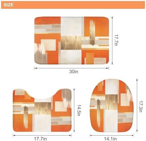 Riyidecor Orange Gold Abstract 4Pcs Bathroom Shower Curtain Sets Modern Geometric Aesthetic Bathroom Decor Set with Rugs and Accessories Minimalist Toilet Lid Rug, Contour and Bath Mat with 12 Hooks