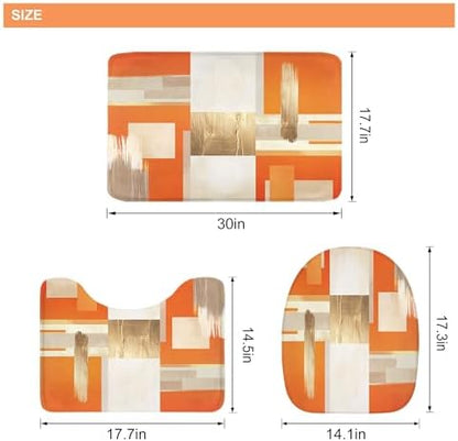 Riyidecor Orange Gold Abstract 4Pcs Bathroom Shower Curtain Sets Modern Geometric Aesthetic Bathroom Decor Set with Rugs and Accessories Minimalist Toilet Lid Rug, Contour and Bath Mat with 12 Hooks