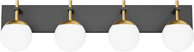Ralbay Mid Century Modern Vanity Lights - 4-Light Milky Glass Globe Modern Bathroom Vanity Lights Over Mirror, Black/Golden Bathroom Wall Light Fixture