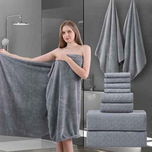 Ycosy 8 Piece Towel Set,2 Bath Sheet,2 Hand Towels and 4 Washcloths,Soft Extra Large Microfiber Towel Set,Oversized Highly Absorbent Quick Dry Towel Collection for Bathroom,Hotel,Spa-Gray