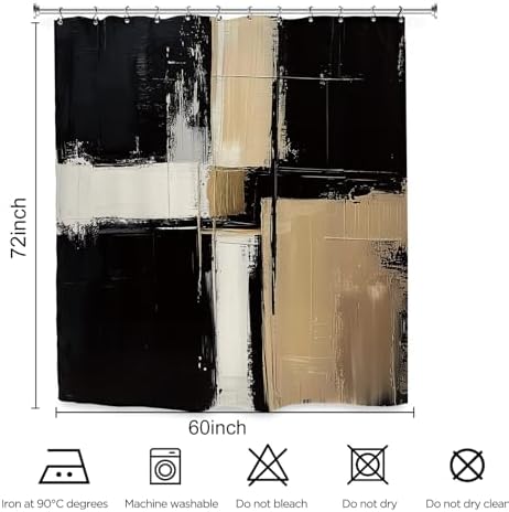 Abstract Modern Neutral Shower Curtain 60Wx72L Inch Black Tan Minimalist Contemporary Art Brush Stroke Painting Bathroom Set Accessories Decor with 12 Pack Hooks
