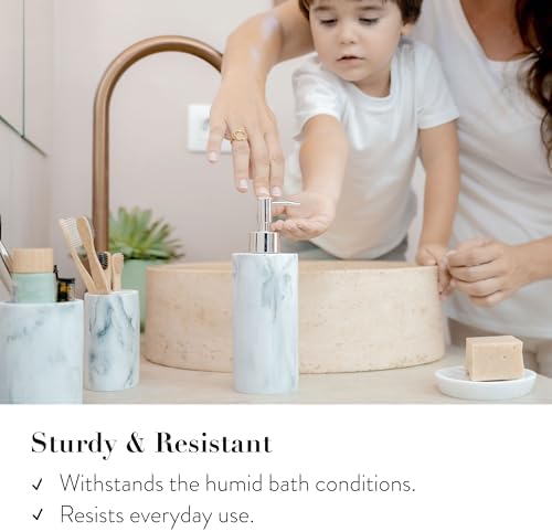 ZCCZ Bathroom Accessory Set, 4 Pcs Marble Look Bathroom Vanity Countertop Bathroom Décor Sets Accessories with Soap Dispenser, Toothbrush Holder Set, Tumbler, Soap Dish (White Marble Look Rounded)