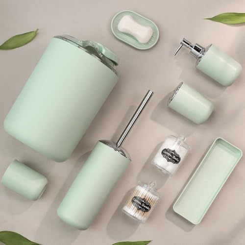 IMAVO Bathroom Accessories Set,Green Bathroom Set,9 Pieces Bathroom Accessory Set,Tray,Qtip Holders,Toilet Brush,Trash Can for Bathroom Décor and Home Gifts