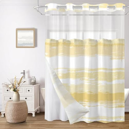 No Hook Shower Curtain with Liner, Yellow Stripe, 71x74 Inch