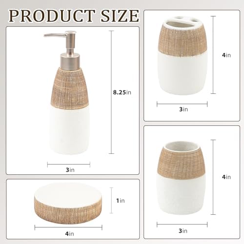 CERBIOR Bathroom Accessories Set,4 PCS Ceramic Bath Accessory,Brown White