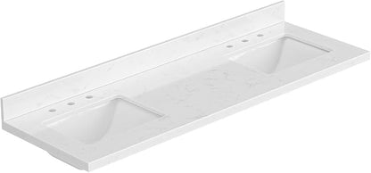 ARIEL 66 inch Double Bathroom Vanity top with Sink, 1.5 Inch Thick Miter Edge Carrara White Quartz top, Rectangle Double Sink Vanity top, Includes Backsplash