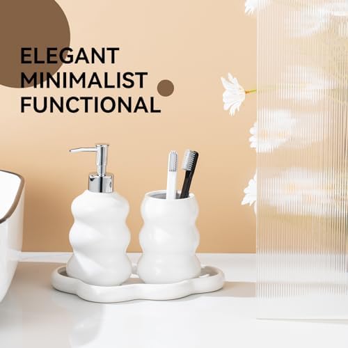 3-Piece White Ceramic Bathroom Accessories Set with Tray, Lotion Dispenser, and Tumbler for a Luxurious Bath Experience