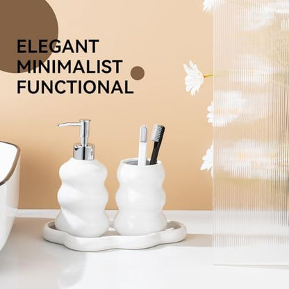 3-Piece White Ceramic Bathroom Accessories Set with Tray, Lotion Dispenser, and Tumbler for a Luxurious Bath Experience