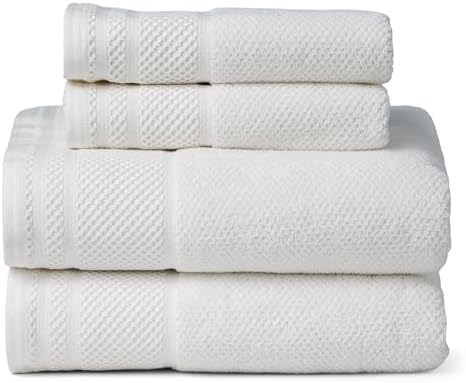 Texere 100% Organic Cotton Rice Weave Jacquard 700 GSM Luxury Bath Towel Sets - Ultra Soft and Absorbent Hotel and Spa Quality (Rice Weave, Bright White, 2 Bath & 2 Hand Towels)