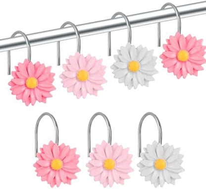 Daisy Flower Shower Curtain Hooks, 12PCS Stainless Steel Anti Rust Sunflower Shower Curtain Hooks Floral Decorative Curtain Hanger Hooks for Living Room Bathroom Decor (Mixed Color)