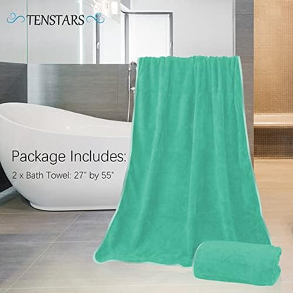 TENSTARS Silk Hemming Bath Towels for Bathroom Clearance - 27 x 55 inches - Light Thin Quick Drying - Soft Microfiber Absorbent Towel for Bath Fitness, Sports, Yoga, Travel, Gym - 2 Pack, Aqua Green