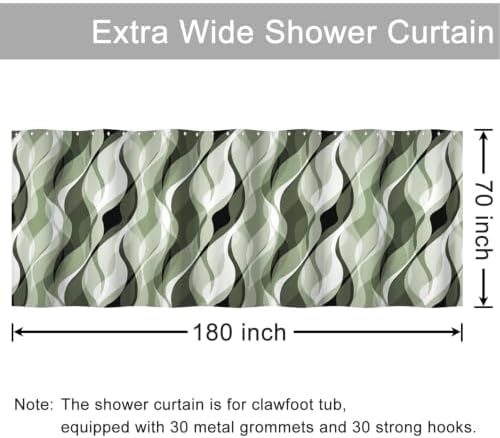 Green Striped Clawfoot Tub Shower Curtain 180x70 inch 30 Hooks