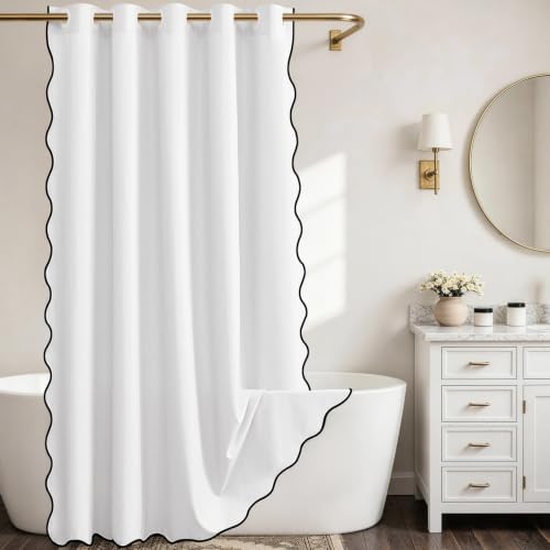 Furlinic Scalloped No Hook Shower Curtain White Linen Boho Waterproof 72x75