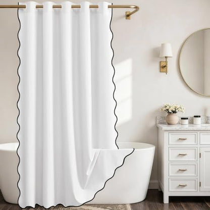 Furlinic Scalloped No Hook Shower Curtain White Linen Boho Waterproof 72x75