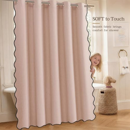 Furlinic Pink Shower Curtain No Hook Scalloped Fabric Waterproof Cute 48x75