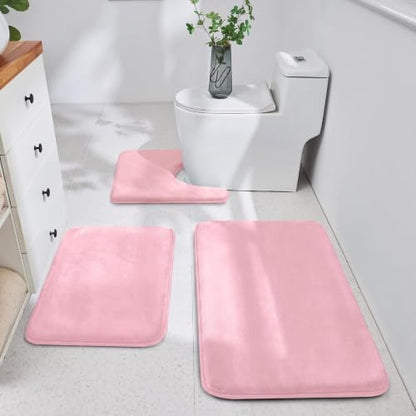 HUXMEYSON 3-Piece Memory Foam Bathroom Rug Set, Rose Pink
