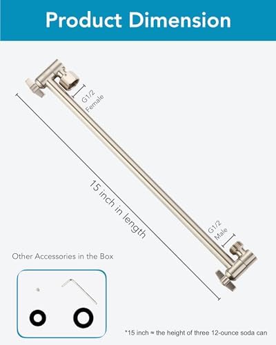 15 Inch Extra Long Adjustable Shower Head Extension Arm With Locking Set Screw, Singing Rain 304 Stainless Steel Angle Height Adjustable, G1/2 Universal Connector Compatible (Nickel Brushed)