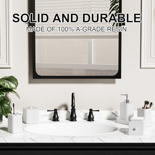 Bathroom Accessories Set Resin 6PCS, Square Toothbrush Holders Set Complete with Soap Dispenser, Vanity Tray, Tumbler, Cups and Cotton Swab Jars (White Diamond, Resin Bath 6 PCS)