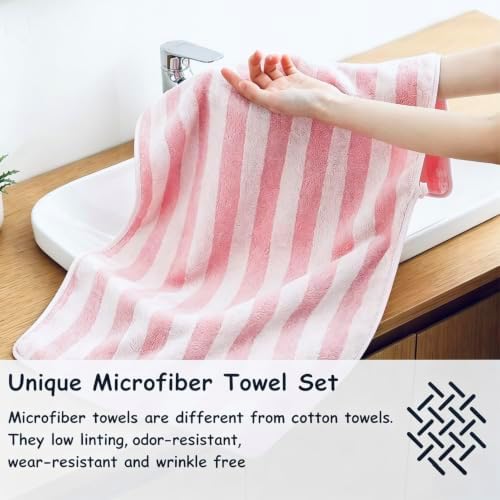 18 Pcs Pink Cabana Stripe Bath Towel Set with Hanging Loop-6 Bath Towels,6 Hand Towels,6 Washcloths Family Towels Soft Microfiber Highly Absorbent Quick Dry Shower Towel for Bathroom Beach Spa Gym