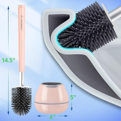 BOOMJOY Toilet Brush and Holder Set, Silicone Toilet Bowl Cleaner Brush, Toilet Scrubber Brush with Tweezers for Bathroom Cleaning, RV Accessories and House Organization Must-Haves - Pink