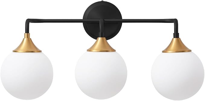 Black Gold Bathroom Light Fixtures Over Mirror Vanity 3-Light | Mid Century Modern Matte Black Gold Wall Sconce with Milky White Glass Ball Shades for for Bathroom Dressing Table Bedroom