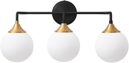 Black Gold Bathroom Light Fixtures Over Mirror Vanity 3-Light | Mid Century Modern Matte Black Gold Wall Sconce with Milky White Glass Ball Shades for for Bathroom Dressing Table Bedroom