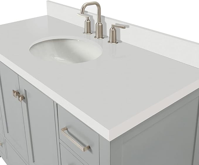 ARIEL Cambridge 48-inch Bathroom Vanity with Sink,Solid Wood, 1.5-inch Pure White Quartz Countertop & Backsplash, Single Oval Porcelain Sink, 2 Soft Closing Doors, 9 Dovetail Drawers, Grey