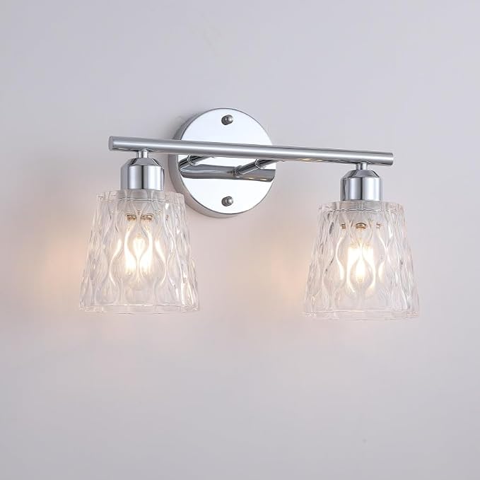 Chrome 2 Light Bathroom Vanity Lights with Textured Glass Shades, E26 Sockets, Bathroom Light Fixtures Over Mirror, Modern Lighting Fixtures Wall Lamp Vanity Lights