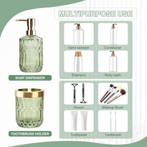 RRM Glass Bathroom Toothbrush Holder and Soap Dispenser Set, Green
