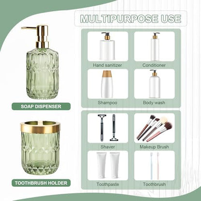 RRM Glass Bathroom Toothbrush Holder and Soap Dispenser Set, Green