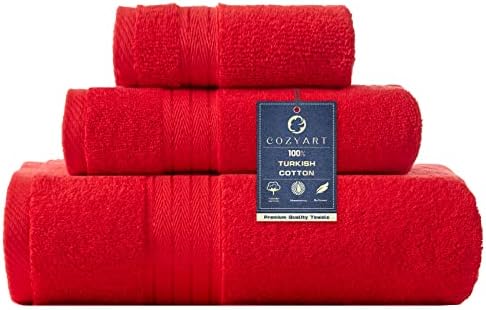 COZYART Luxury Bath Towel Set 3 PCS, Red 100% Turkish Cotton 650 GSM