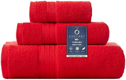 COZYART Luxury Bath Towel Set 3 PCS, Red 100% Turkish Cotton 650 GSM