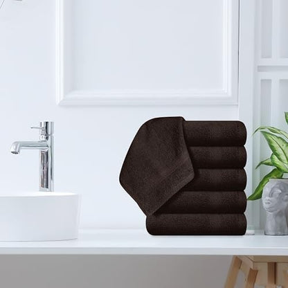 GLAMBURG Ultra Soft 12-piece Washcloths Set 13x13-100% Ringspun Cotton - Durable & Highly Absorbent Face Towels - Ideal for use in Bathroom, Kitchen, Gym, Spa & General Cleaning - Chocolate Brown