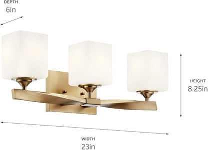 Kichler Marette 23 inch 3 Light Vanity Light with Satin Etched Cased Opal Glass in Champagne Bronze for Bathroom and Powder Room, (23" W x 8.25" H x 6" Ext), 55002CPZ