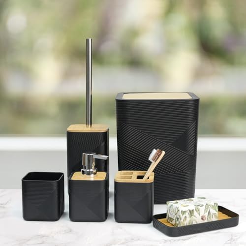 CERBIOR Bamboo Bathroom Accessories Set 6 Piece Square Spiral Set,Black