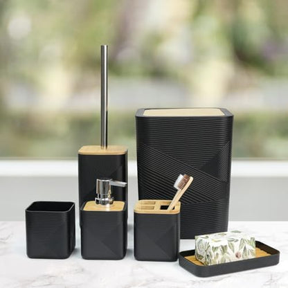 CERBIOR Bamboo Bathroom Accessories Set 6 Piece Square Spiral Set,Black