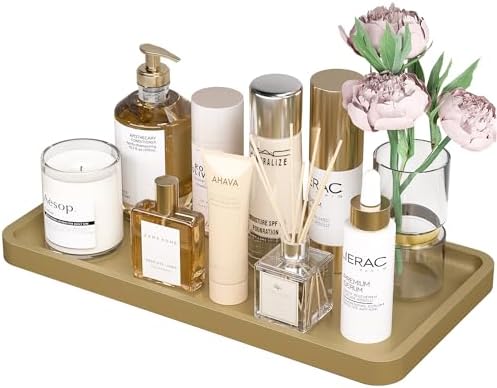 Weenson Gold Bathroom Vanity Tray for Countertop Perfume Makeup Jewelry Decor Candle, Bamboo Kitchen Tray for Soap Dispenser Spice Coffee, Toilet Tank Tray 11.81”L x 6.1”W x 0.79”H