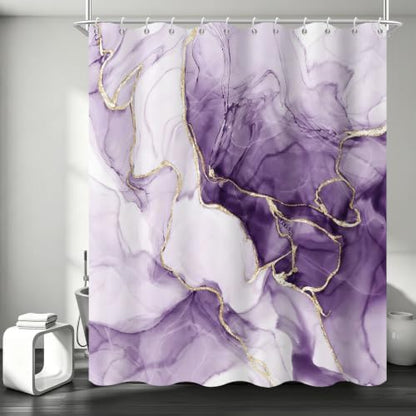 Purple Marble Shower Curtain Modern Abstract Luxury Gold Ink Texture Gray Ombre Watercolor Bathroom Curtain Set with Hooks Soft and Lightweight Waterproof Fabric Machine Washable 36" Wx72 L