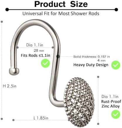 Pearlbee Nickel Shower Curtain Hooks,12pcs, Heavy Duty Rings for Shower Rod