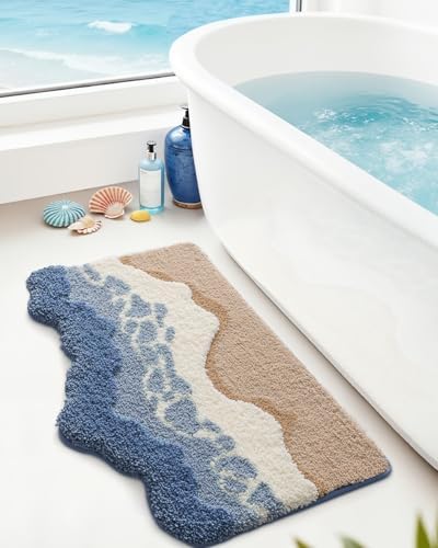 DEXI Cute Bath Mat, Sea Ocean Wave Bathroom Rugs, 34x21 Blue