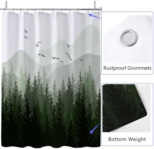 LLSCL Fabric Shower Curtain Liner with Magnets, Green Forest Waterproof Hotel Quality, 72 x 72 Machine Washable