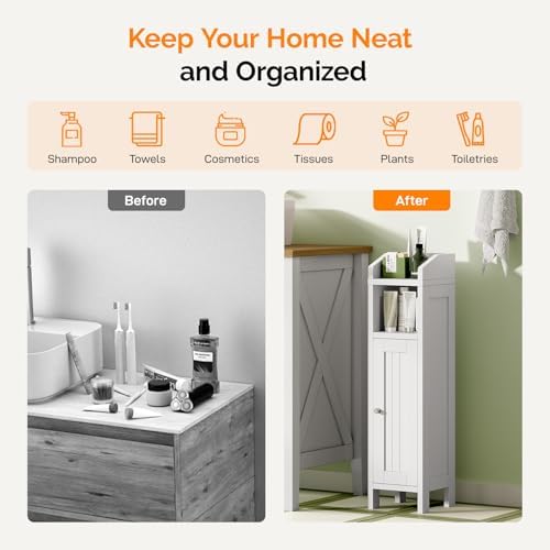 VINGLI Small Storage Corner Floor Cabinet, 7.9" Narrow Toilet Paper Storage Holder with Fluted Door, Skinny Freestanding Organizer for Small Spaces, Slim Bathroom Storage Cabinet, White