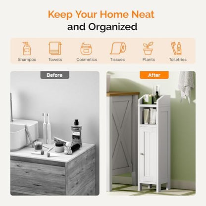 VINGLI Small Storage Corner Floor Cabinet, 7.9" Narrow Toilet Paper Storage Holder with Fluted Door, Skinny Freestanding Organizer for Small Spaces, Slim Bathroom Storage Cabinet, White