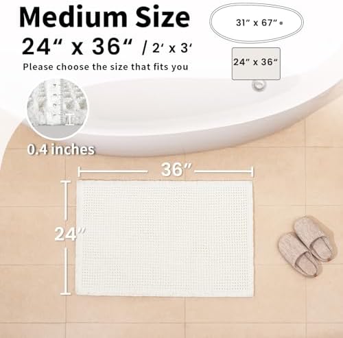 White Bathroom Rugs, Waffle Bath Mat Non Slip Washable, 24" x 36"