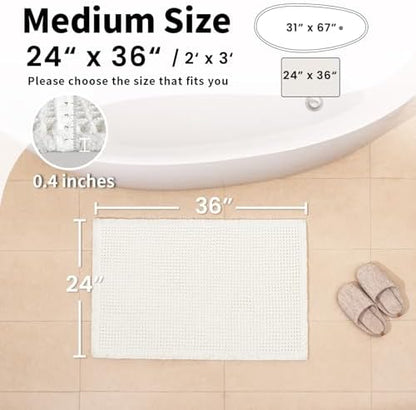 White Bathroom Rugs, Waffle Bath Mat Non Slip Washable, 24" x 36"